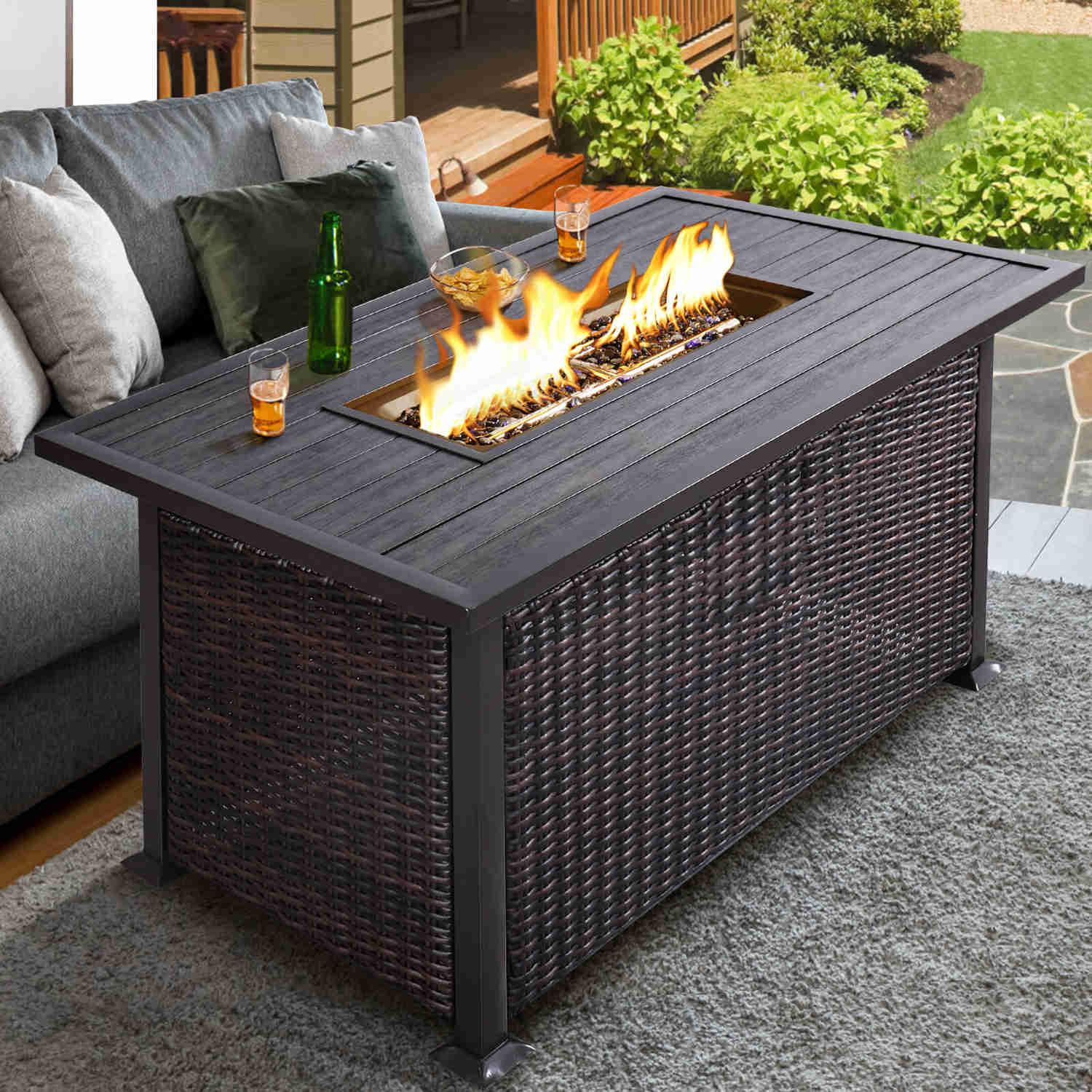 48 Propane Gas Fire Pit Table with Auto-Ignition, 50000 BTU, Wood Tabletop, Waterproof Cover & Glass Beads