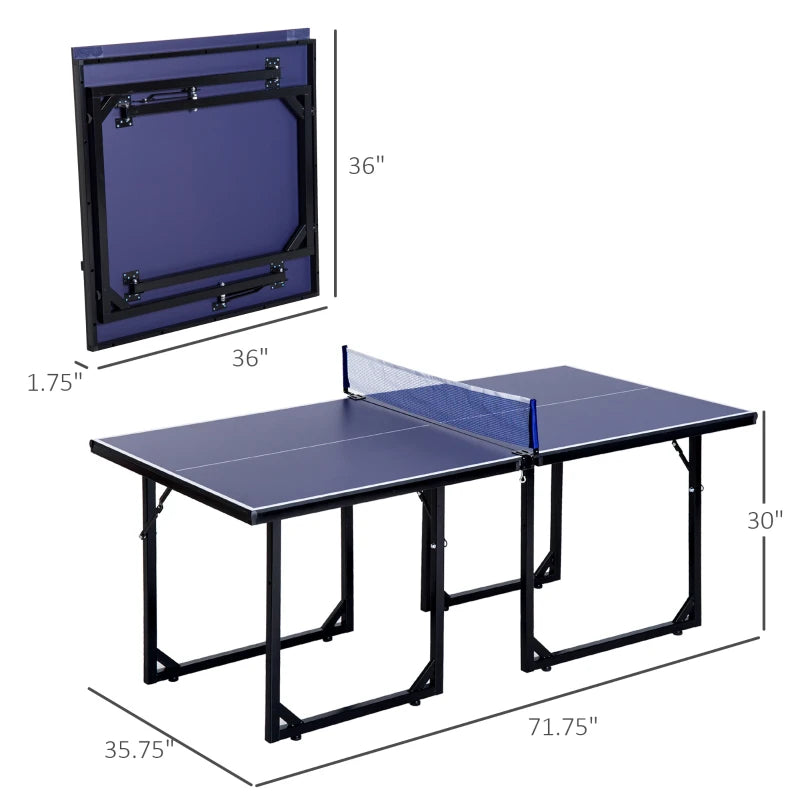 Soozier 72 Compact Folding Multi-Use Indoor/Outdoor Table Tennis Table with Net and Post Set, Blue