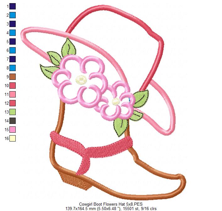 Cowgirl Boot, Hat and Flowers Applique Embroidery Design