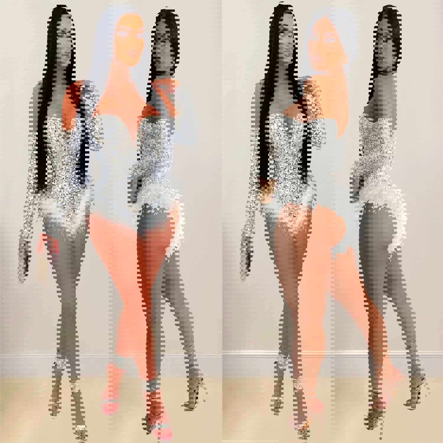 Nukty Women's Sequins Bodysuit - High Stretch Polyester Romper for Night Club & Vacation