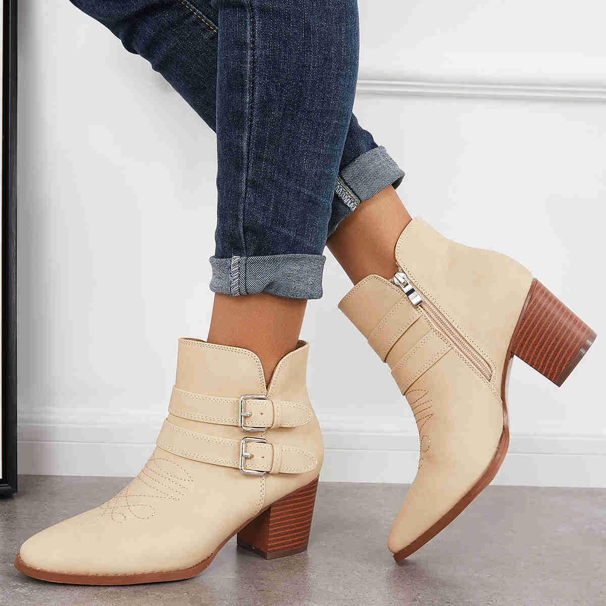 Cutout Buckle Straps Ankle Boots Chunky Block Heel Western Booties
