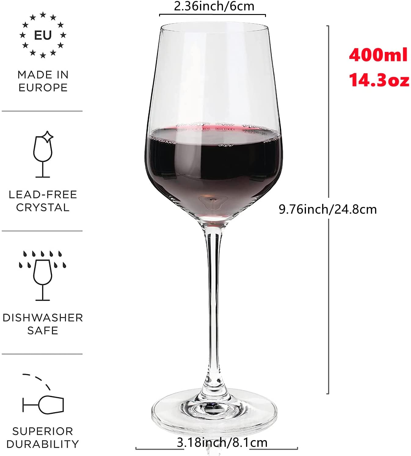 Teemto Crystal Wine Glasses Set of 6 - Hand Blown Italian Style, Lead Free, 17.4 oz