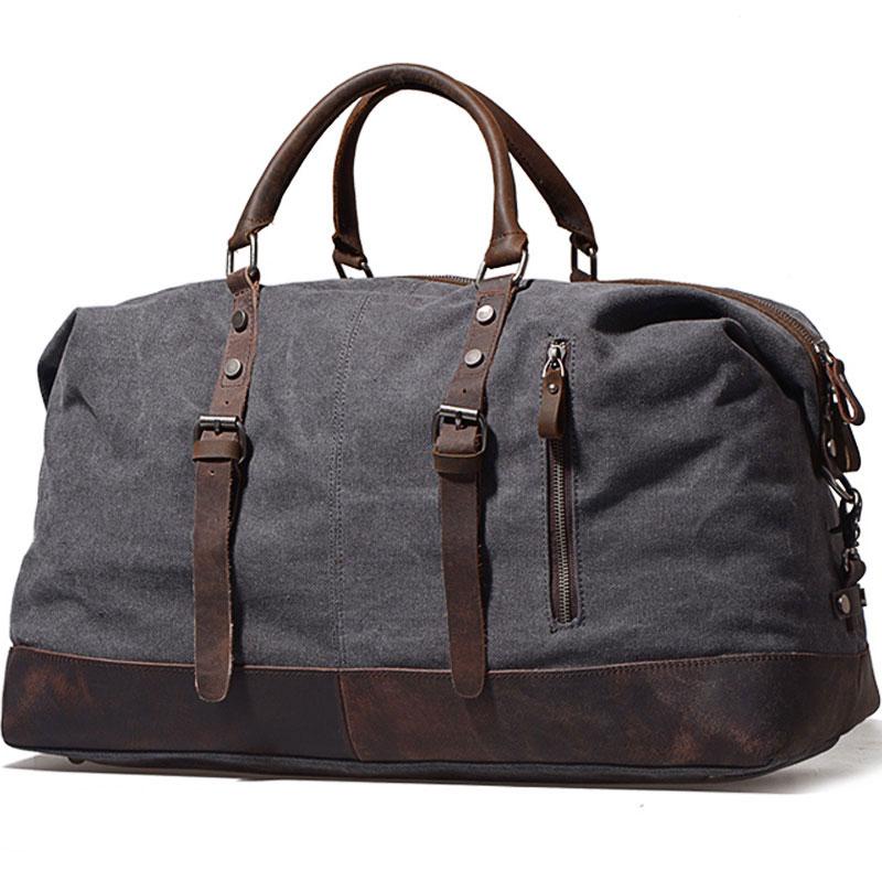 Gray Mens Leather Canvas Large Weekender Bag Canvas Travel Bag for Men