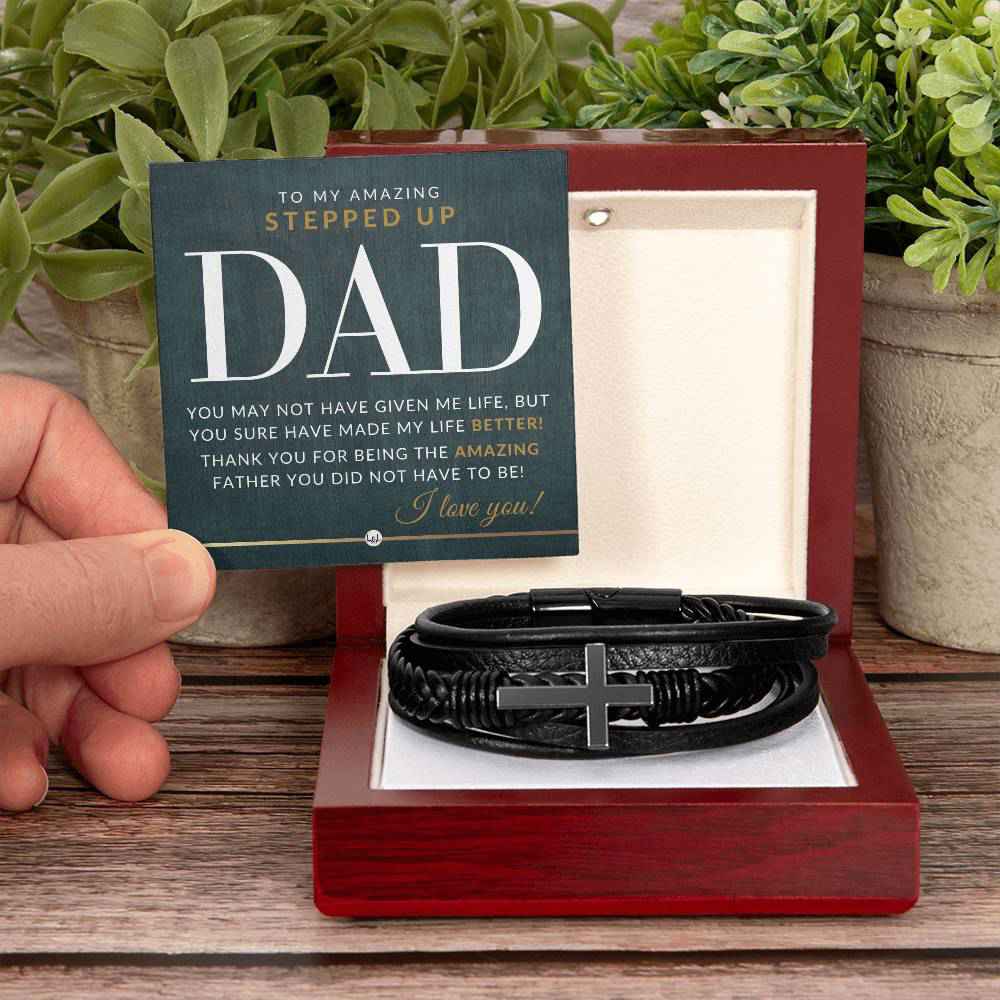 Stepped Up Dad Present - Mens Braided Leather Bracelet with Cross - Perfect Gift for Christmas, Birthday or Fathers Day