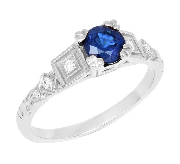 Art Deco Sapphire and Diamond Engagement Ring in 18K White Gold