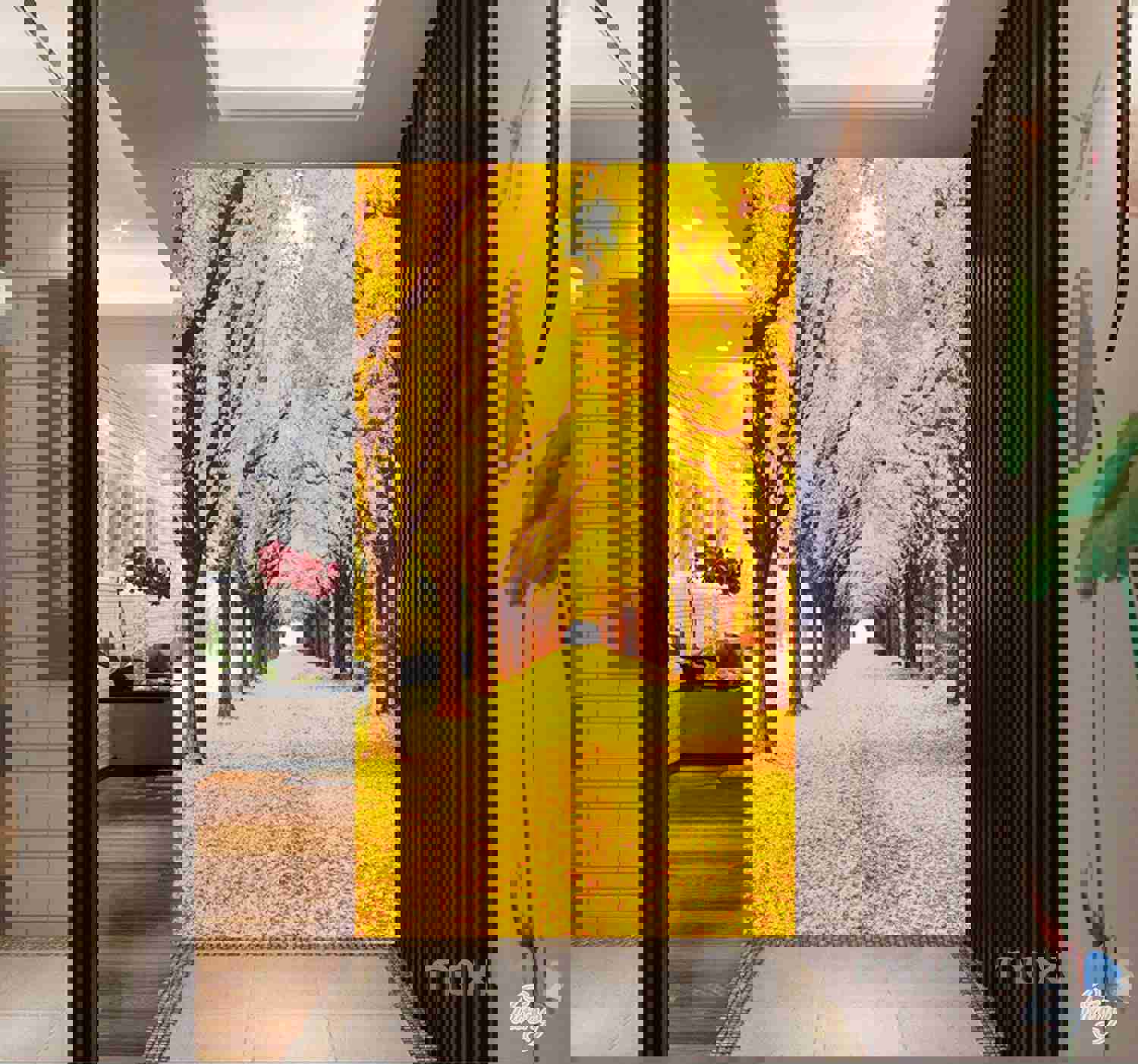 3D Yellow Leaves Fall Tree Corridor Entrance Wall Mural Decals Art Print Wallpaper 072