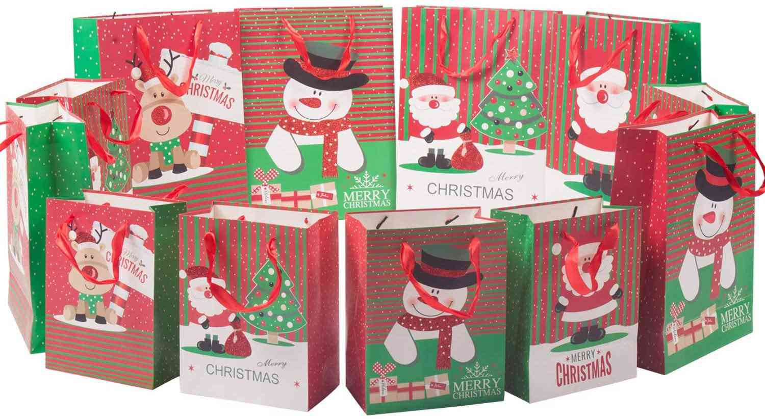 Christmas Paper Gift Bags Bulk Assortment - 1 Dozen Holiday Themed Gift Bags with Handles (3 Sizes, 4 Patterns)