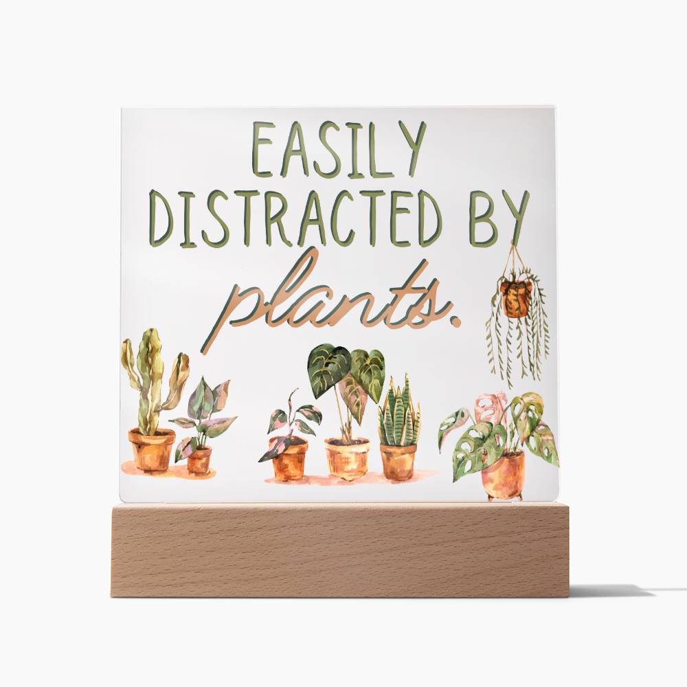 Distracted By Plants - Funny Plant Acrylic with LED Night Light - Indoor Home Garden Decor - Perfect Gift for Plant Lovers