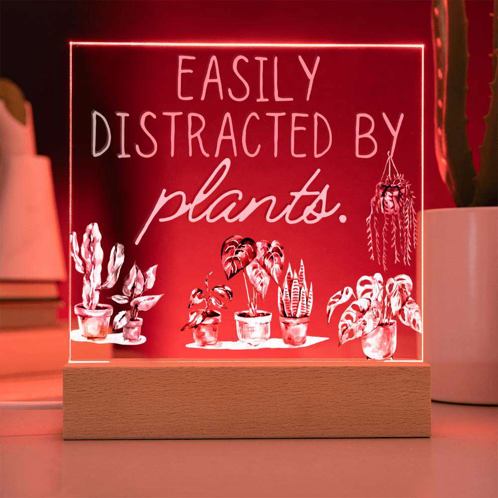Distracted By Plants - Funny Plant Acrylic with LED Night Light - Indoor Home Garden Decor - Perfect Gift for Plant Lovers