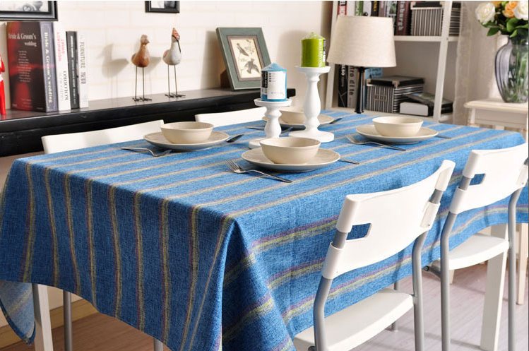 Blue Stripe Linen Tablecloth - Large Rectangle Dining Kitchen Table Cover