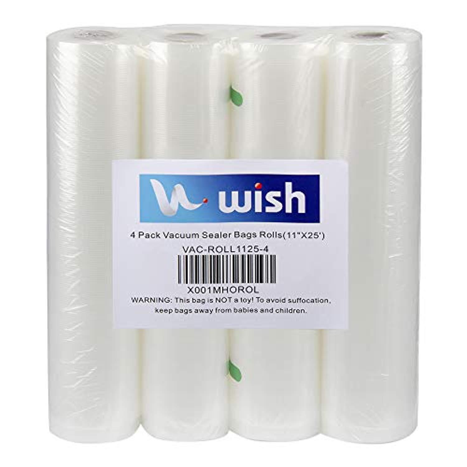 WISH 11”X25’ Heavy Duty Vacuum Sealer Bags (4-Pack, 100 Feet Total) for Sous Vide and FoodSaver