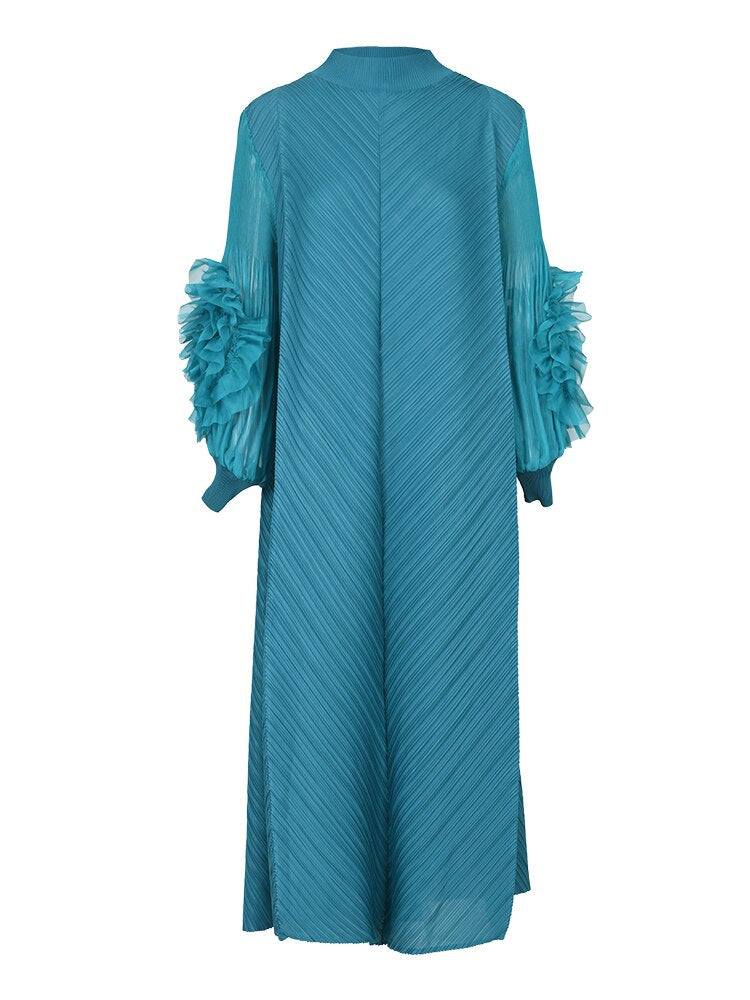 Pleated Dress Round Neck Spliced Fungus Full Sleeve Dresses for Women