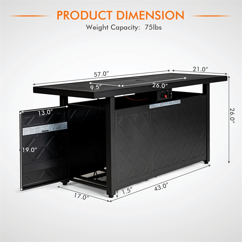 57 Rectangular Propane Fire Pit Table with Auto-Ignition & Lava Rocks