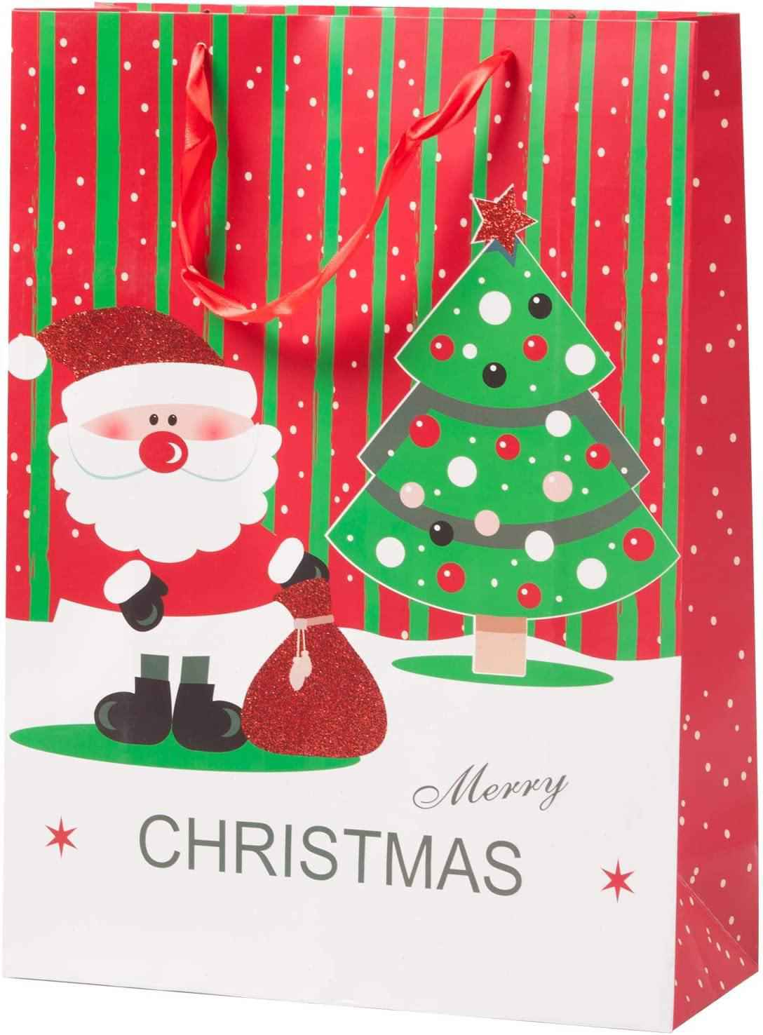 Christmas Paper Gift Bags Bulk Assortment - 1 Dozen Holiday Themed Gift Bags with Handles (3 Sizes, 4 Patterns)