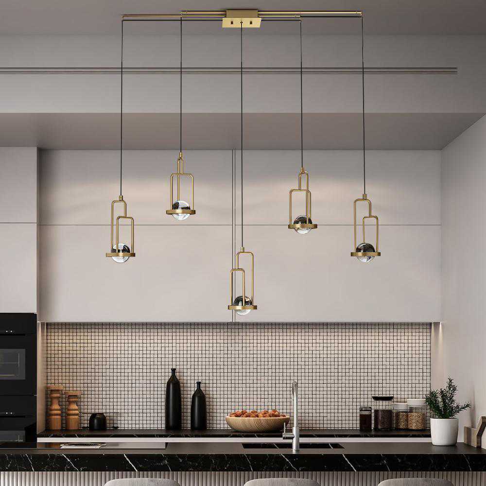5-Light Kitchen Island Light Crystal Linear Pendant Light in Gold