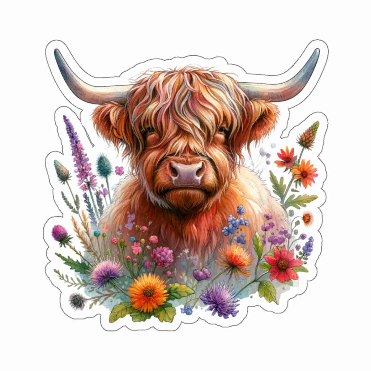Scotland Highland Cow Floral Sticker Decal - Waterproof Vinyl for Laptop, Bottle, Car