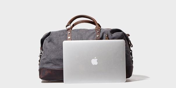 Gray Mens Leather Canvas Large Weekender Bag Canvas Travel Bag for Men