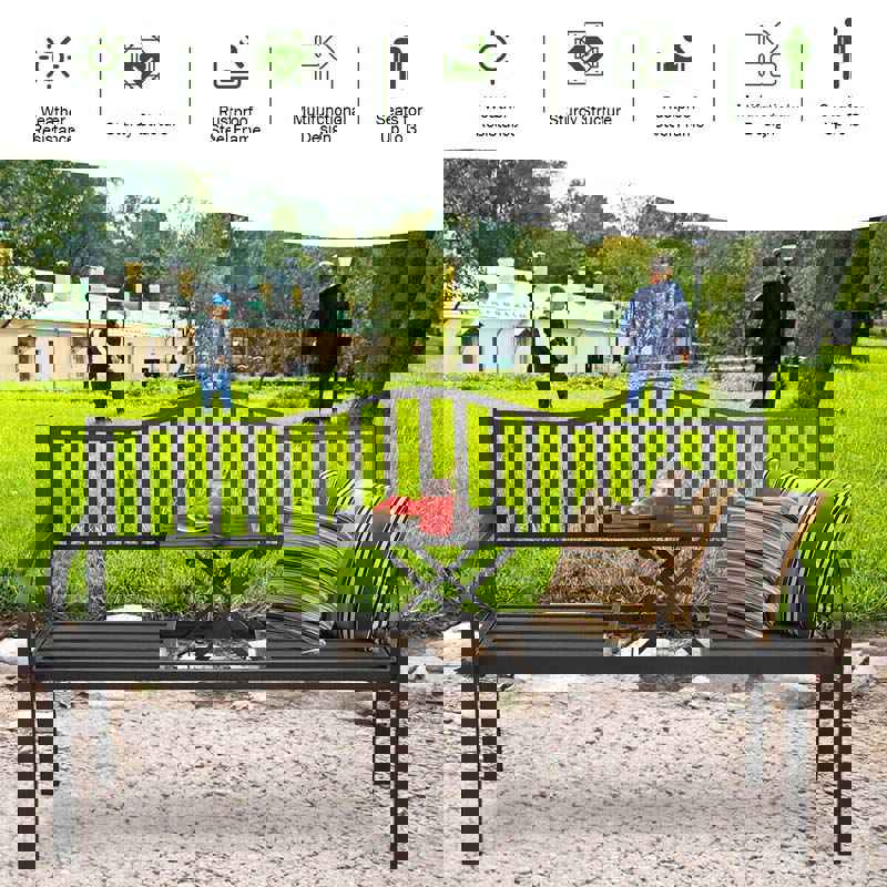 59.5 Large Outdoor Patio Metal Bench with Pullout Table, Weather-Resistant Garden Bench