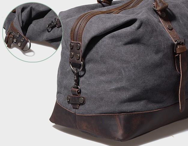 Gray Mens Leather Canvas Large Weekender Bag Canvas Travel Bag for Men