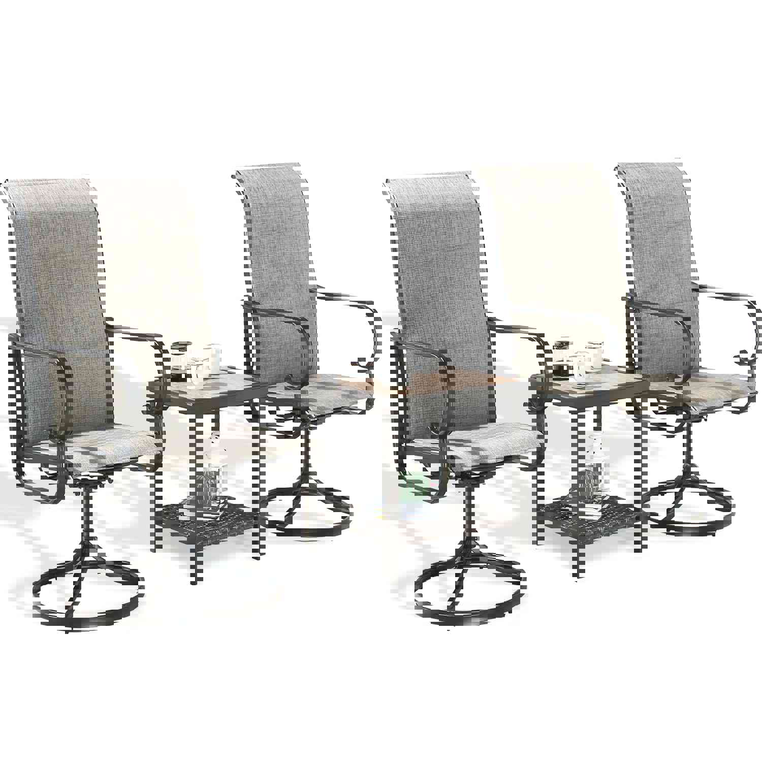 3-Piece Outdoor/Indoor Patio Conversation Set with Wooden-Like Side Table and Swivel Chairs