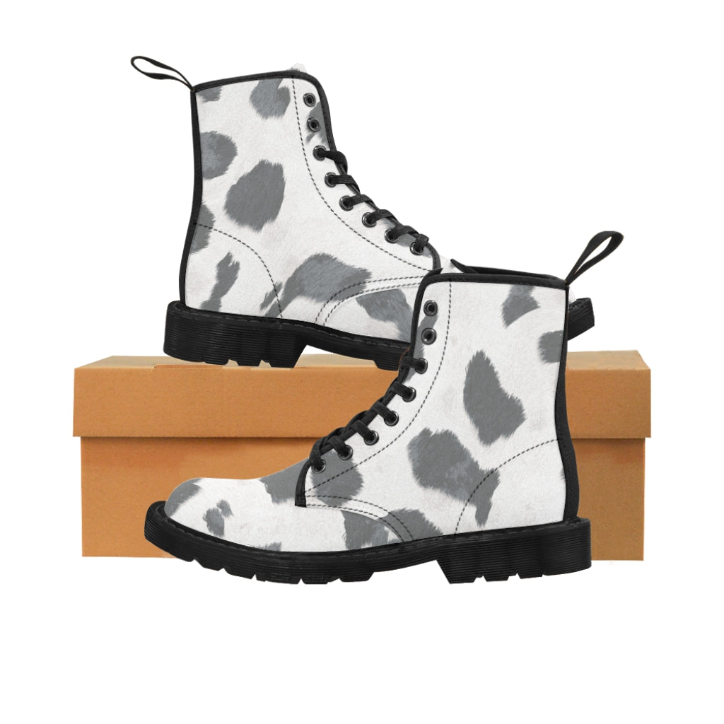 Grey Cow Print Canvas Boots for Women