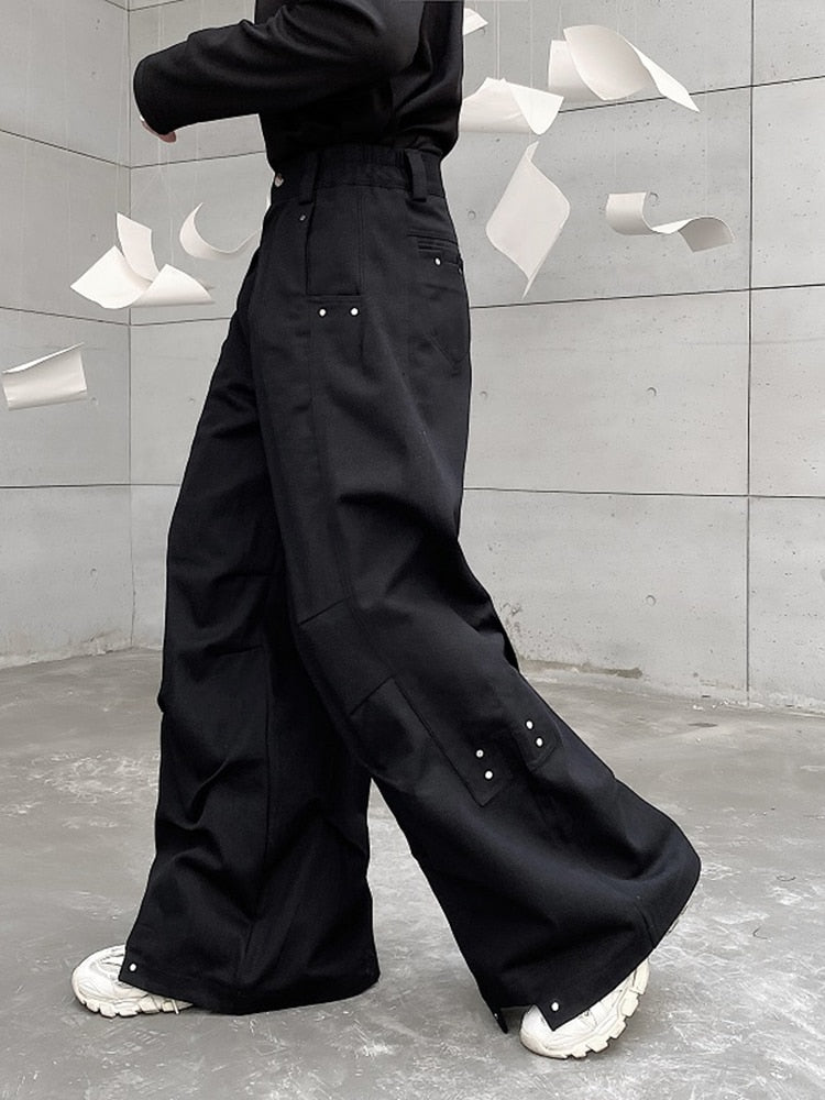 Men's Darkwear Pleats Loose Wide Leg Trousers - Trendy Solid Color Japanese Style Pants