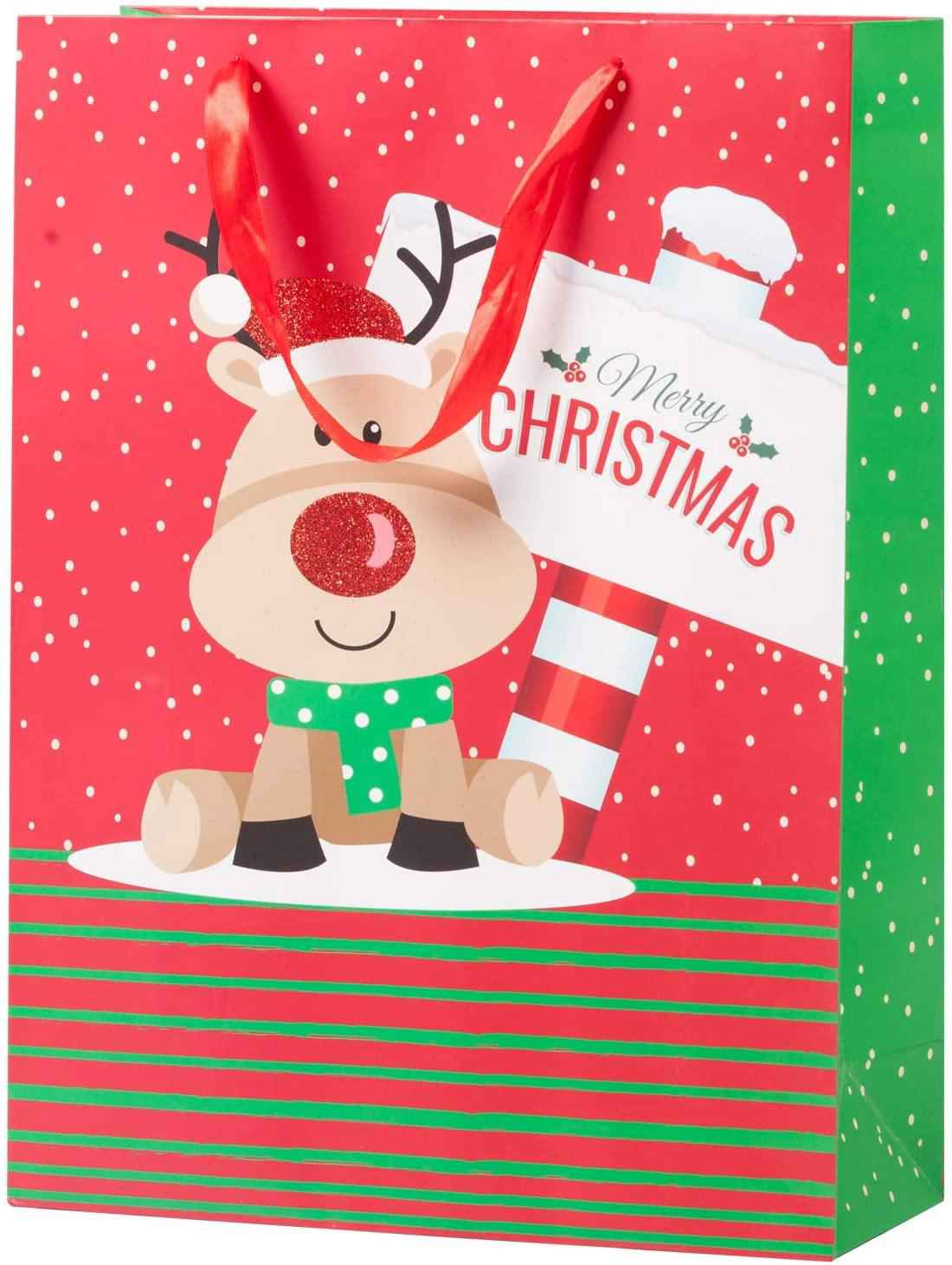 Christmas Paper Gift Bags Bulk Assortment - 1 Dozen Holiday Themed Gift Bags with Handles (3 Sizes, 4 Patterns)