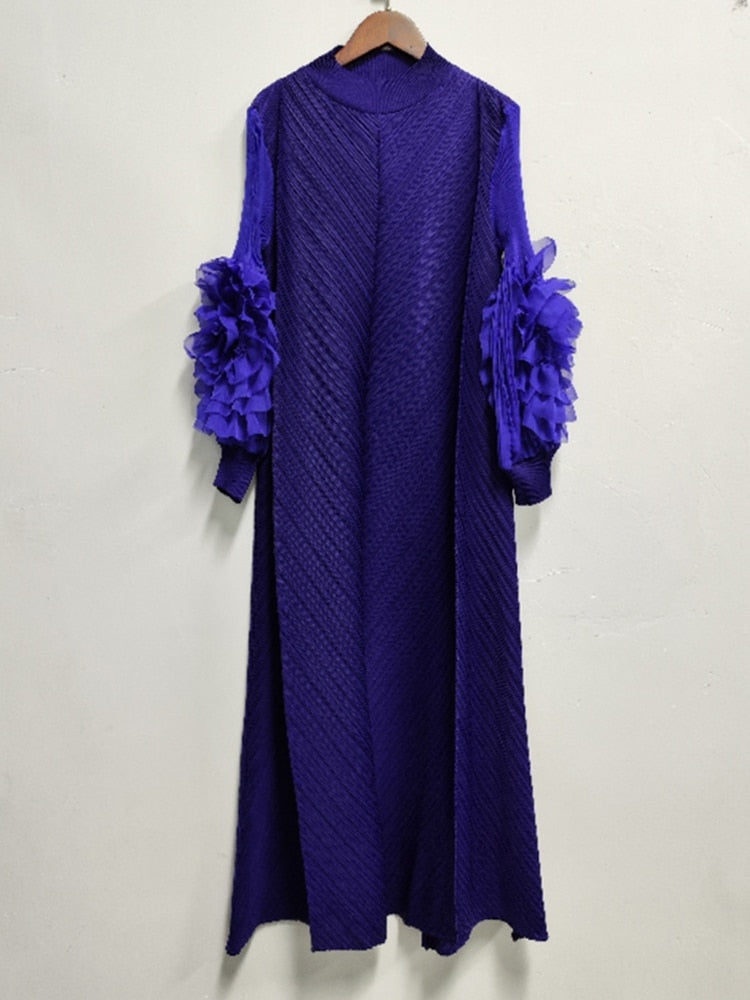 Pleated Dress Round Neck Spliced Fungus Full Sleeve Dresses for Women