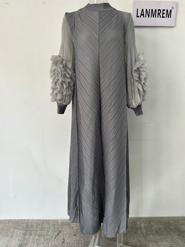 Pleated Dress Round Neck Spliced Fungus Full Sleeve Dresses for Women