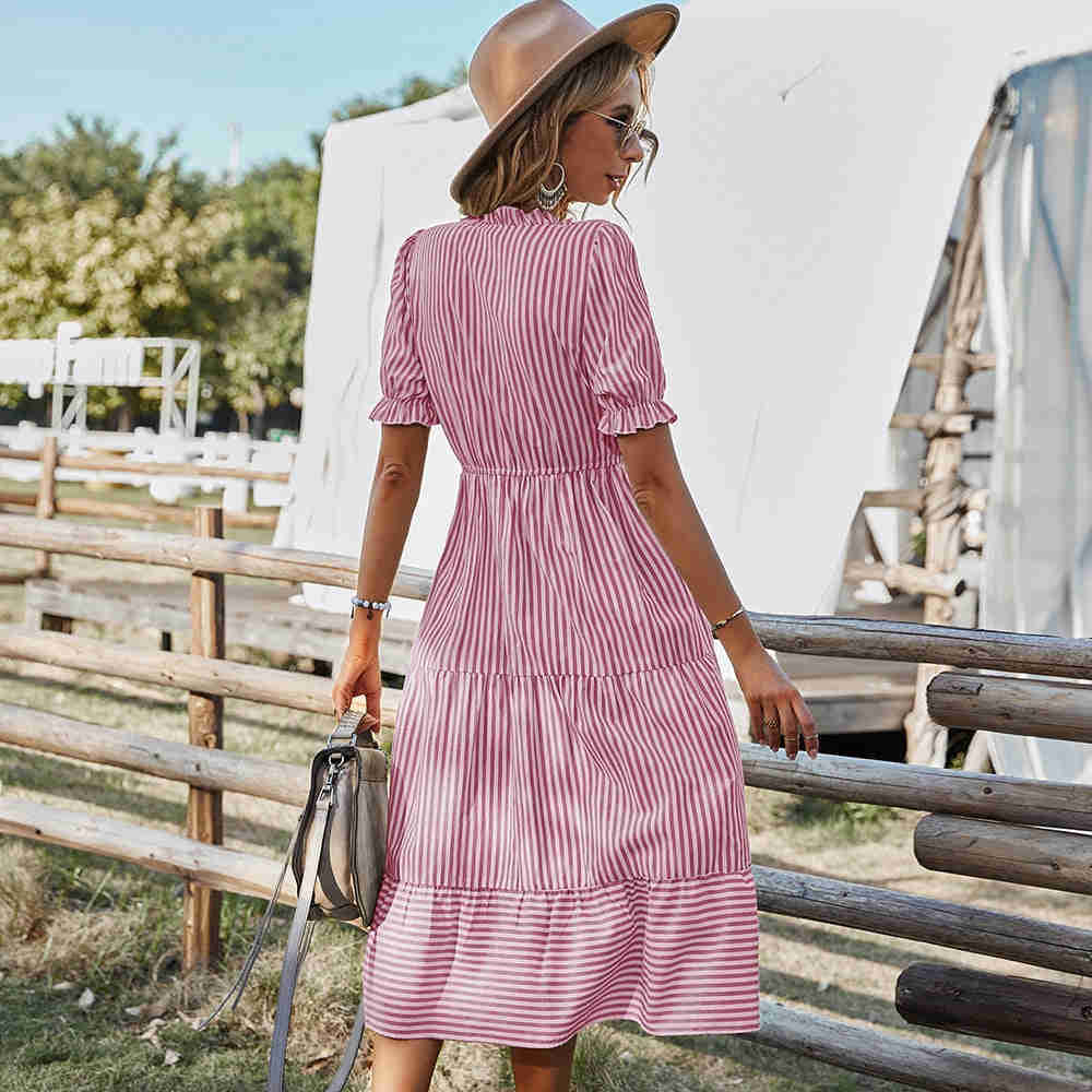 Fashion Striped Dress for Women - Casual Summer V-Neck Knee-Length Cotton Dress