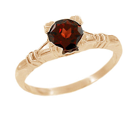 Rose Gold Art Deco Hearts and Clovers Solitaire Almandine Garnet Engagement Ring
