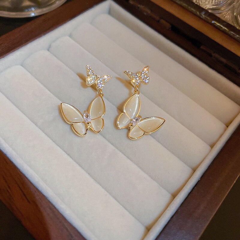 Elegant Double Butterfly Zircon Opal Pendant Earrings for Women