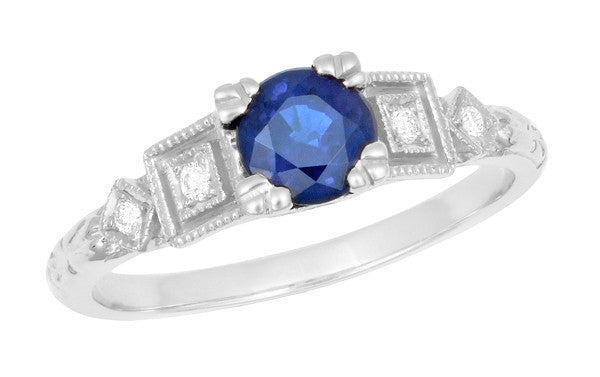 Art Deco Sapphire and Diamond Engagement Ring in 18K White Gold