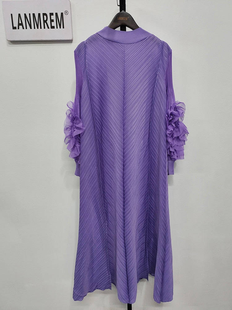 Pleated Dress Round Neck Spliced Fungus Full Sleeve Dresses for Women