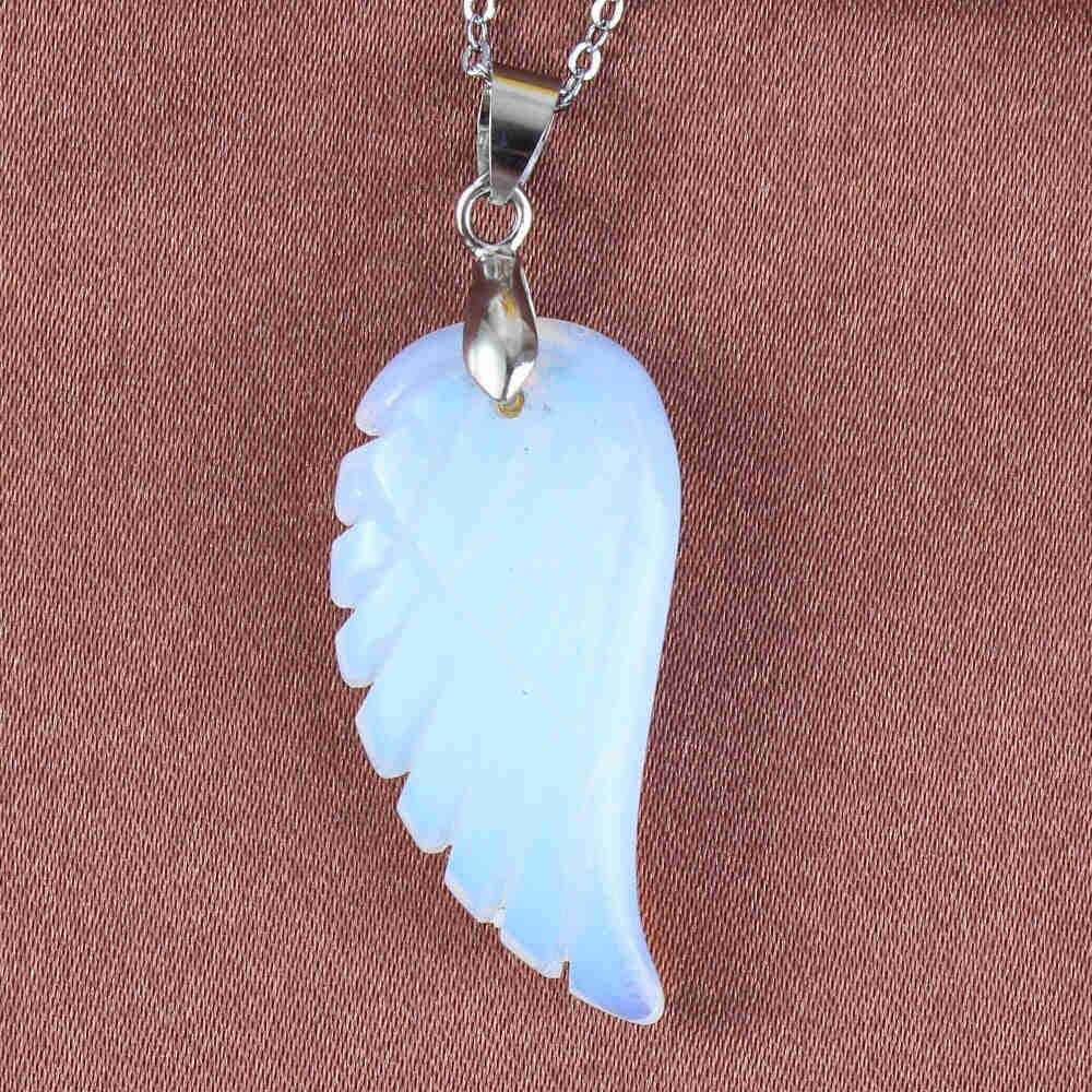 Natural Gnergy Gemstone Angel Wing Pendant - 35mm Rock Crystal Opalite Fluorite Lapis Lazuli Rhodonite Jewelry for Women & Men