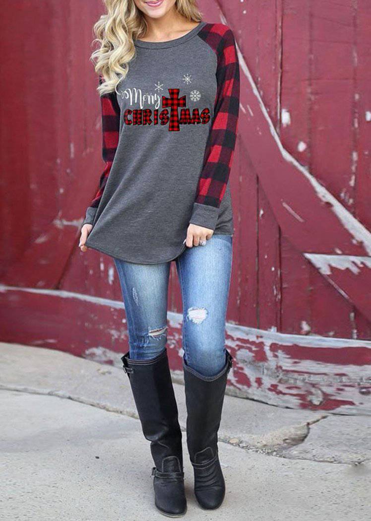 Fashion Grid Letters Printing Red Plaid Long Sleeve Round Neck Pullover Tops for Women