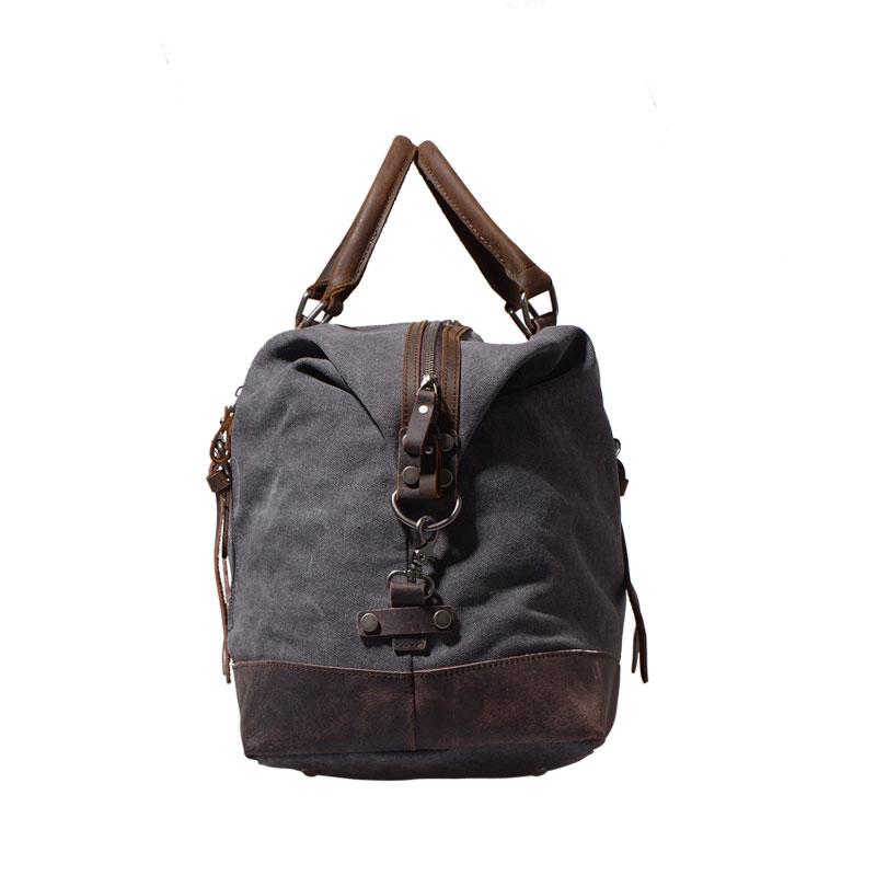 Gray Mens Leather Canvas Large Weekender Bag Canvas Travel Bag for Men
