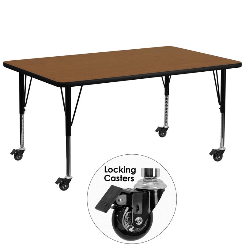 Flash Furniture Mobile 30W x 72L Rectangular Oak HP Laminate Activity Table - Height Adjustable Short Legs