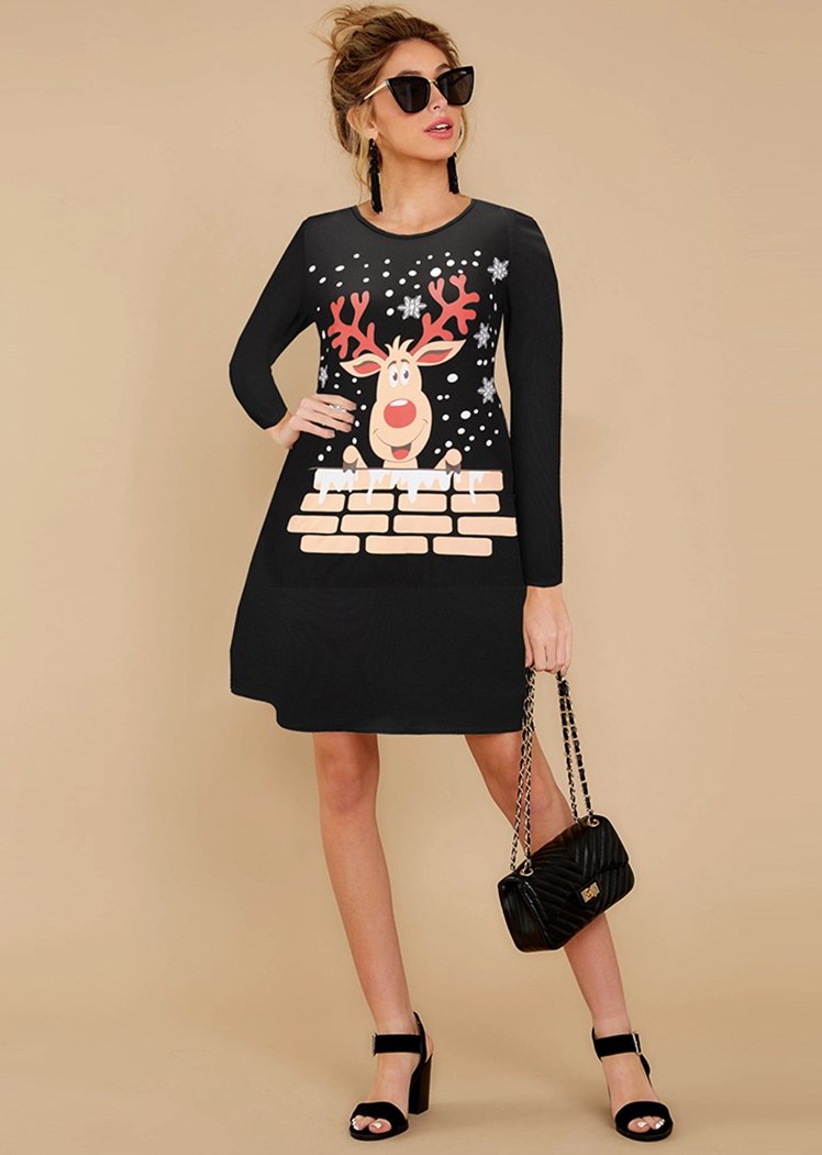 Fashion Round Neck Christmas Pattern Long Sleeve Flared Midi Dress