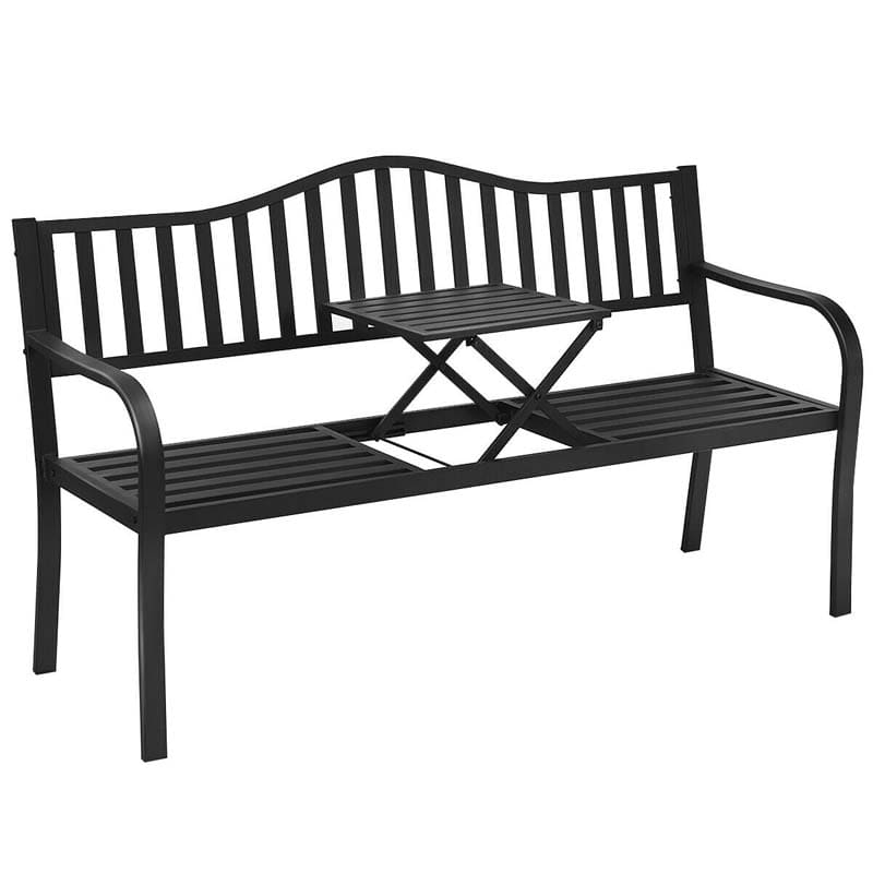59.5 Large Outdoor Patio Metal Bench with Pullout Table, Weather-Resistant Garden Bench