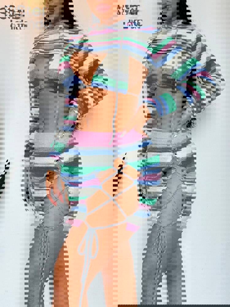 Sisterlinda Fashion Striped Patchwork Trend 3-Piece Set for Women