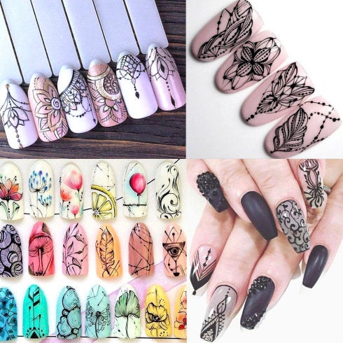 Boho Black Lace Flower Nail Decal - Self-Adhesive Transfer Nail Foil for DIY Manicure