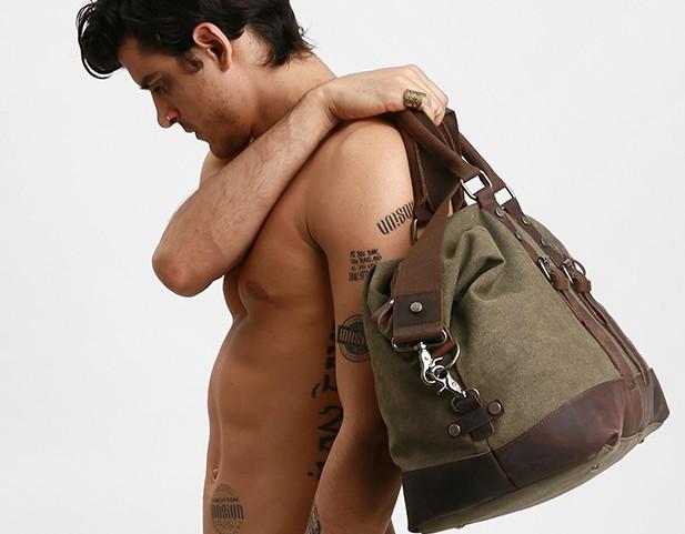 Gray Mens Leather Canvas Large Weekender Bag Canvas Travel Bag for Men