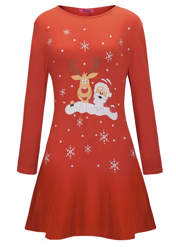 Fashion Round Neck Christmas Pattern Long Sleeve Flared Midi Dress