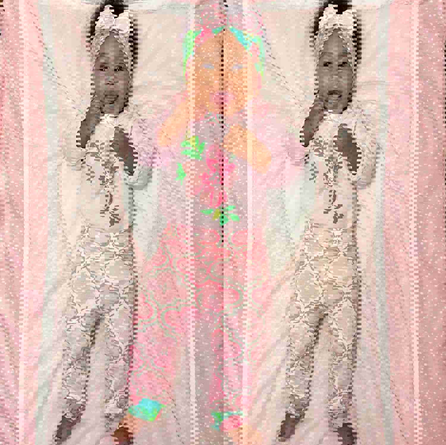 AnnLoren Baby Girls Layette Pink Arabesque Floral Onesie Pants Headband 3pc Gift Set