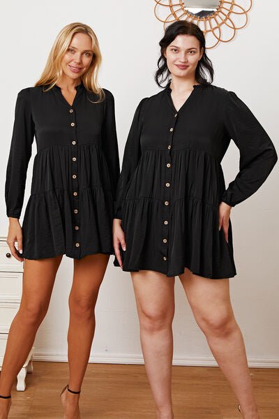 Ruffled Button Up Long Sleeve Tiered Shirt in Black