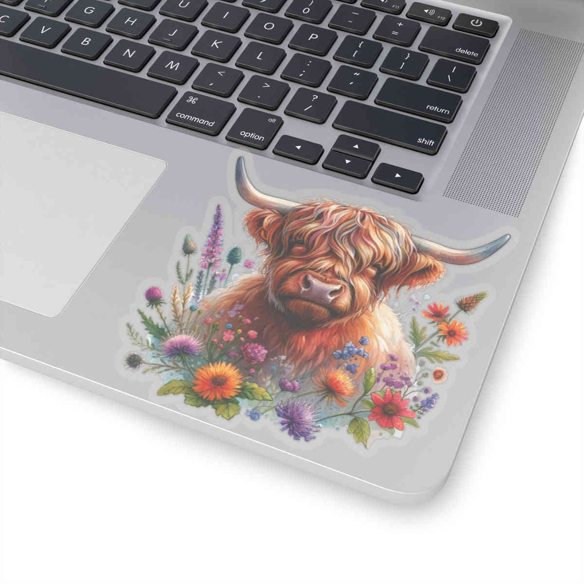 Scotland Highland Cow Floral Sticker Decal - Waterproof Vinyl for Laptop, Bottle, Car
