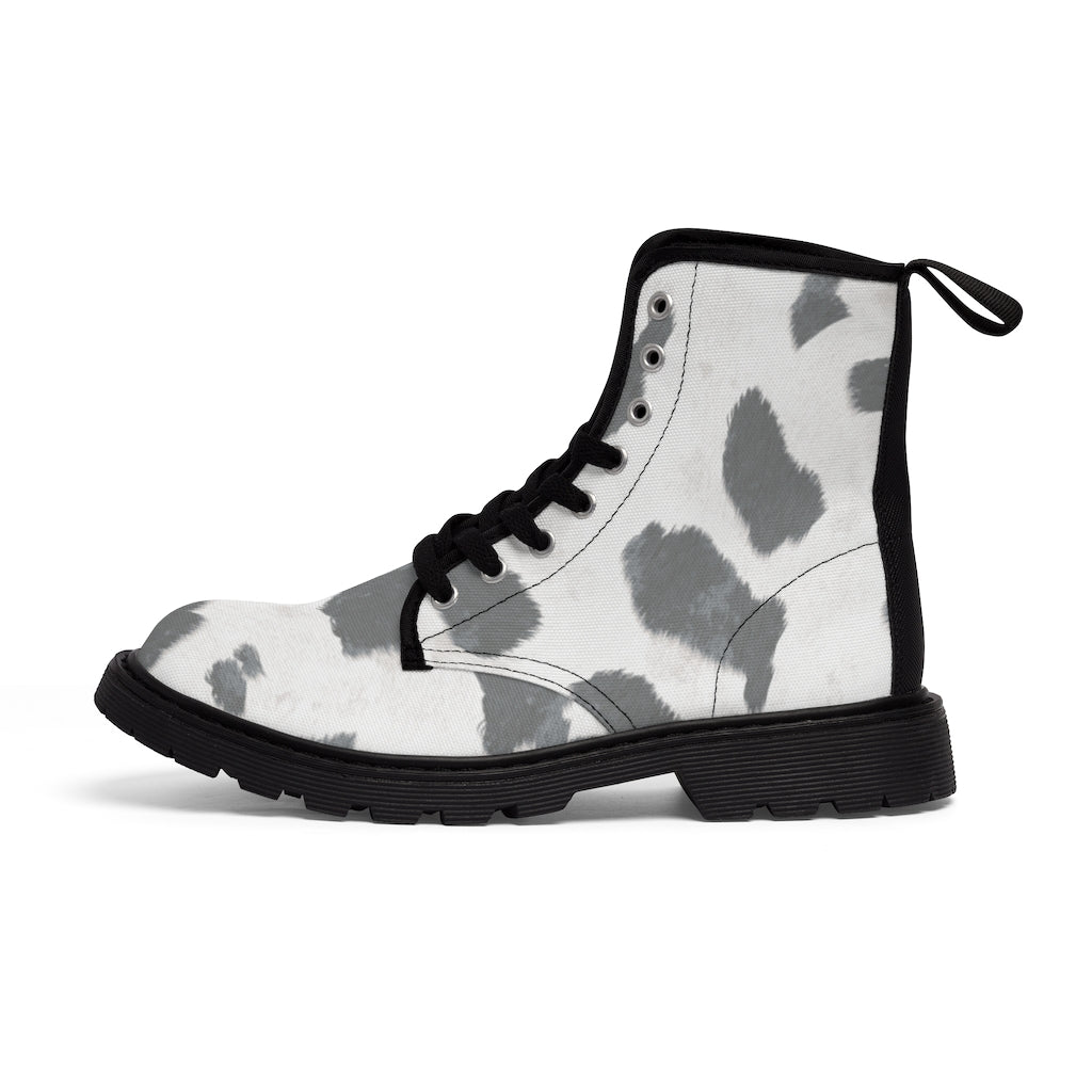 Grey Cow Print Canvas Boots for Women
