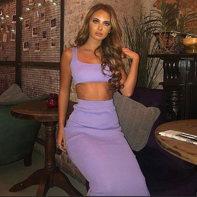 Dulzura Neon Ribbed Knitted Women Two Piece Matching Co Ord Set - Crop Top & Midi Skirt