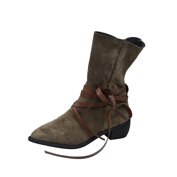 Corashoes Pointed Toe Suede Lace-Up Embellished Mid-Calf Boots